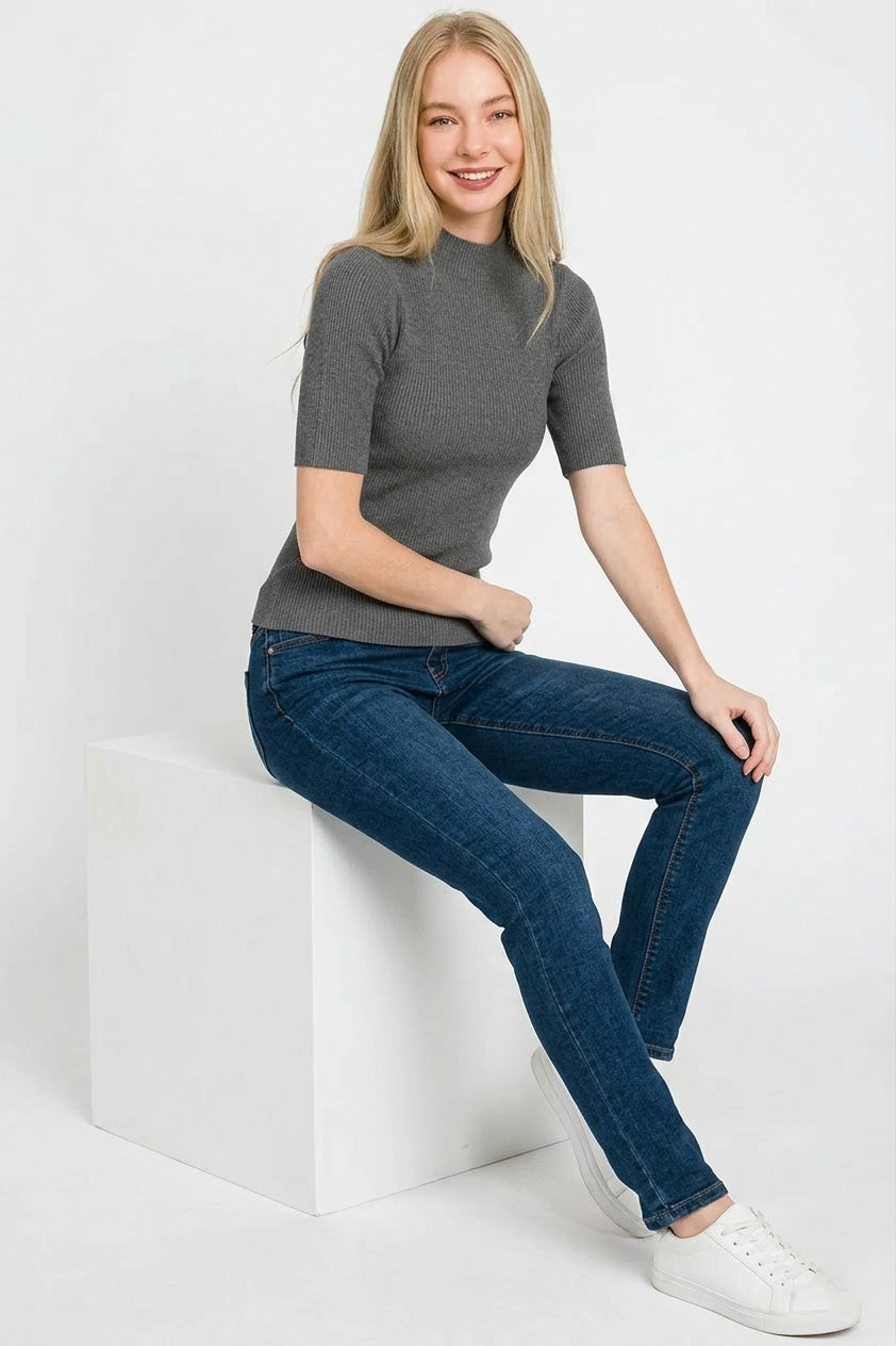 Zenana Viscose Ribbed Mock Neck Sweater Knit Top in Charcoal