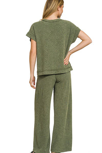Zenana Cotton Slub Short Sleeve Tee and Pants Set in Dark Olive