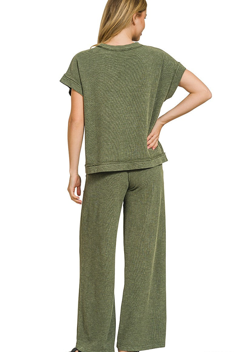 Zenana Cotton Slub Short Sleeve Tee and Pants Set in Dark Olive
