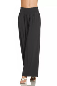 Zenana Smocked Waistband Wide Leg Pants in Black