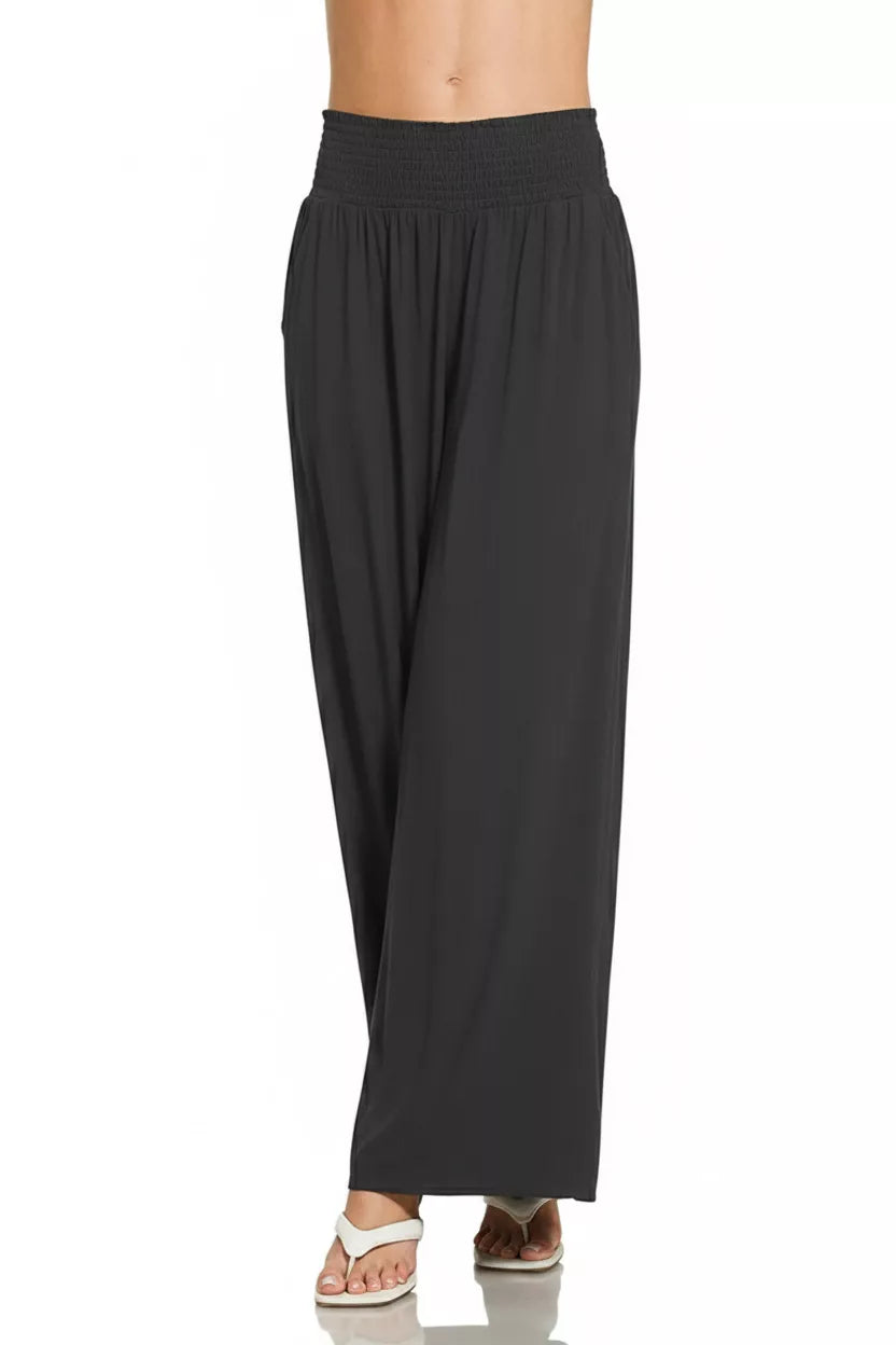 Zenana Smocked Waistband Wide Leg Pants in Black