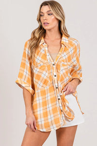 Apricot Plaid Button Up Side Slit Shirt