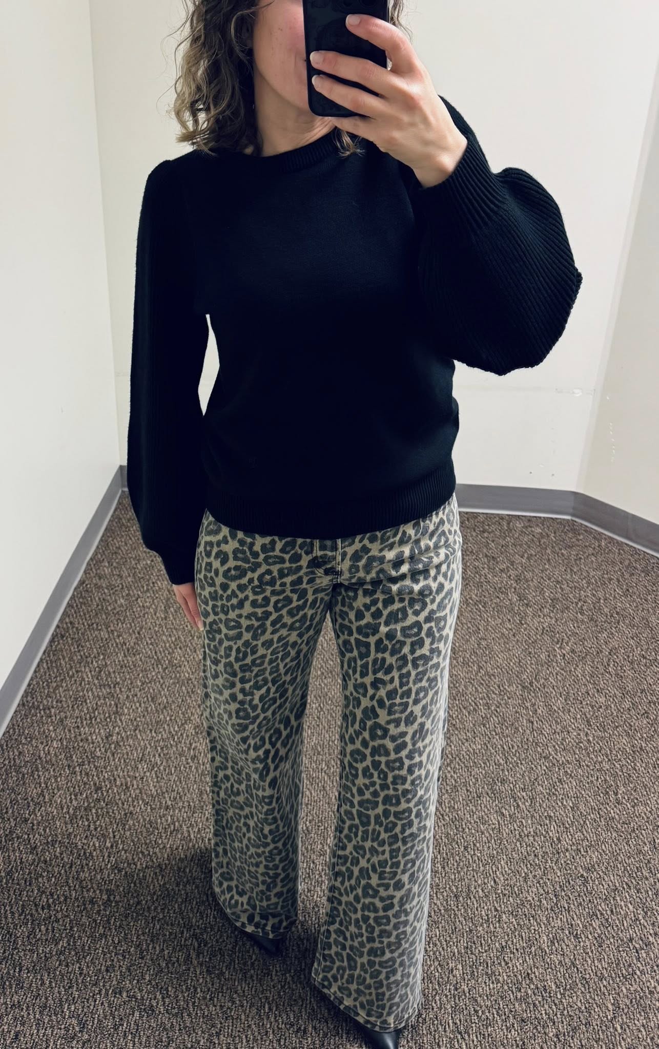 Seventy Eight and Sunny (SEAS) Pacific Puff Shoulder Crew Neck Sweater in Black and Risen Mid Rise Wide Leg Leopard Print Pants