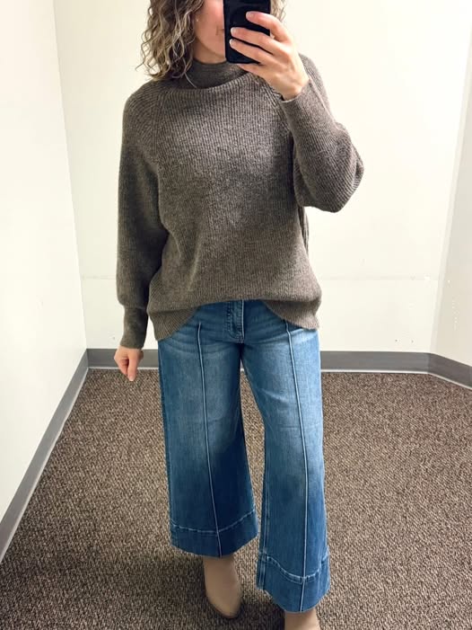 Seventy Eight and Sunny (SEAS) Driftwood Sweater in Taupe and Risen Mid Rise Tummy Control Crop Wide Leg Pintuck Front Jeans