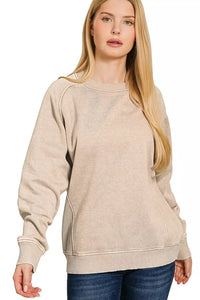 Zenana Acid Washed Fleece Side Ribbed Pullover Sweatshirt in Ash Mocha