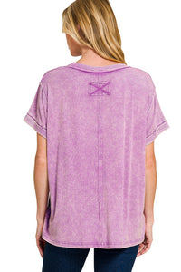 Zenana Washed Ribbed Short Sleeve Knit Top in Violet