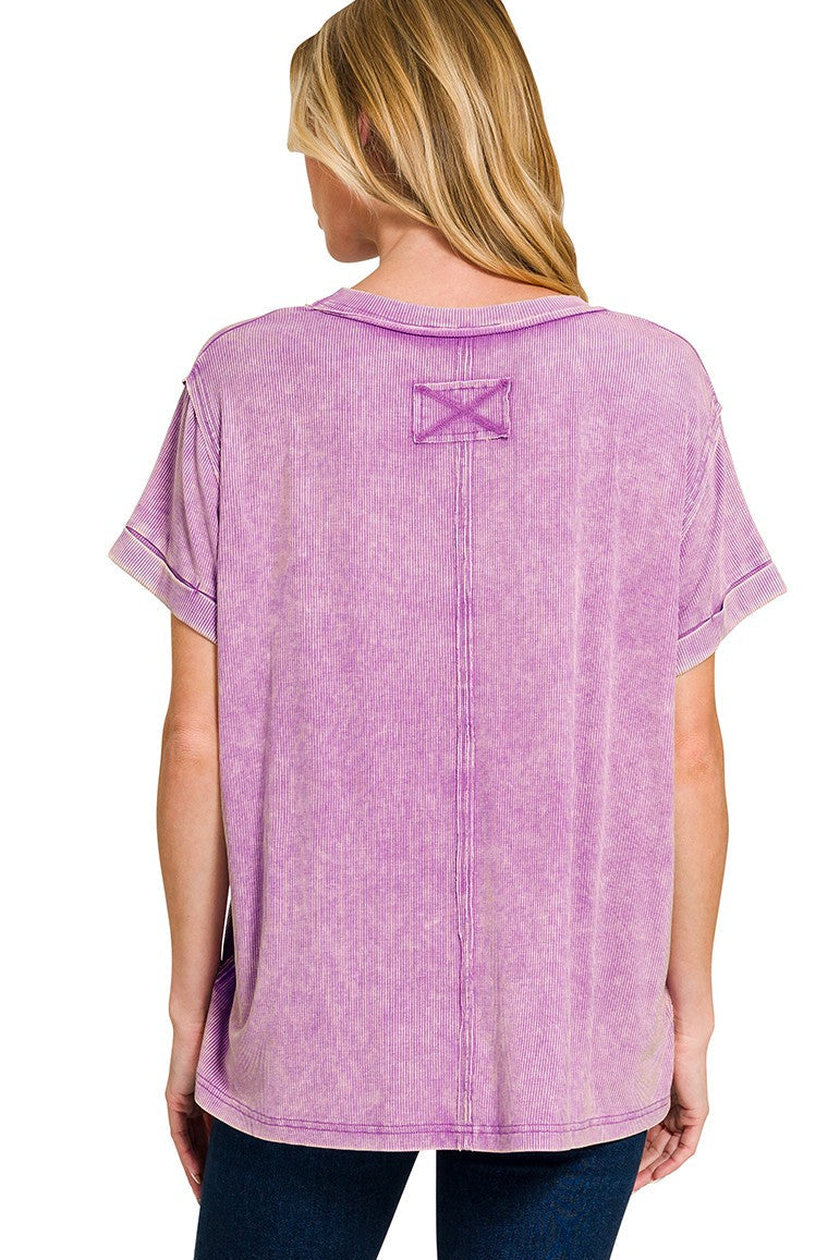 Zenana Washed Ribbed Short Sleeve Knit Top in Violet