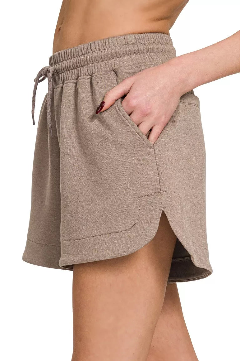 Zenana Scuba Elastic Waistband Shorts with Pockets in Cocoa