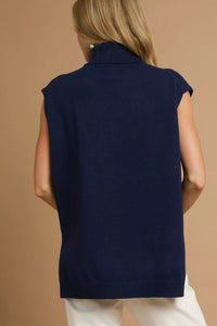 Umgee High-Low Turtleneck Sleeveless Sweater Knit Top in Navy