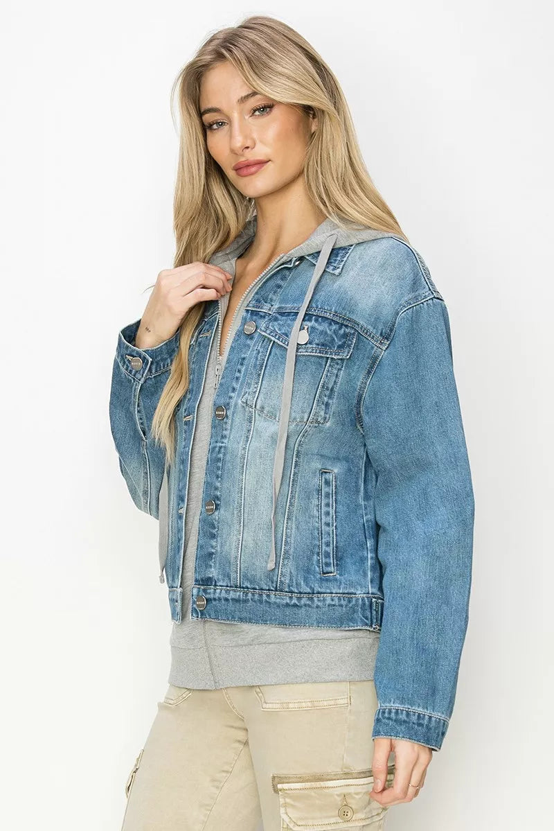 Risen Oversized Denim Jacket with Hoodie Lining
