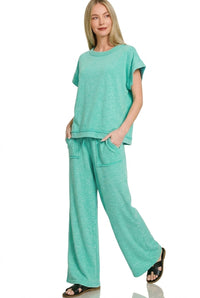Zenana Cotton Slub Short Sleeve Tee and Pants Set in Turquoise