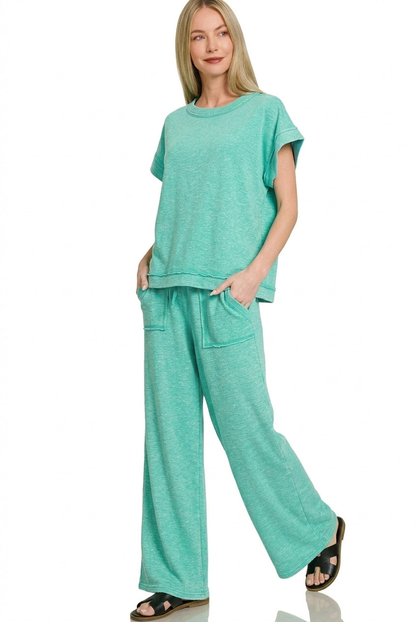 Zenana Cotton Slub Short Sleeve Tee and Pants Set in Turquoise