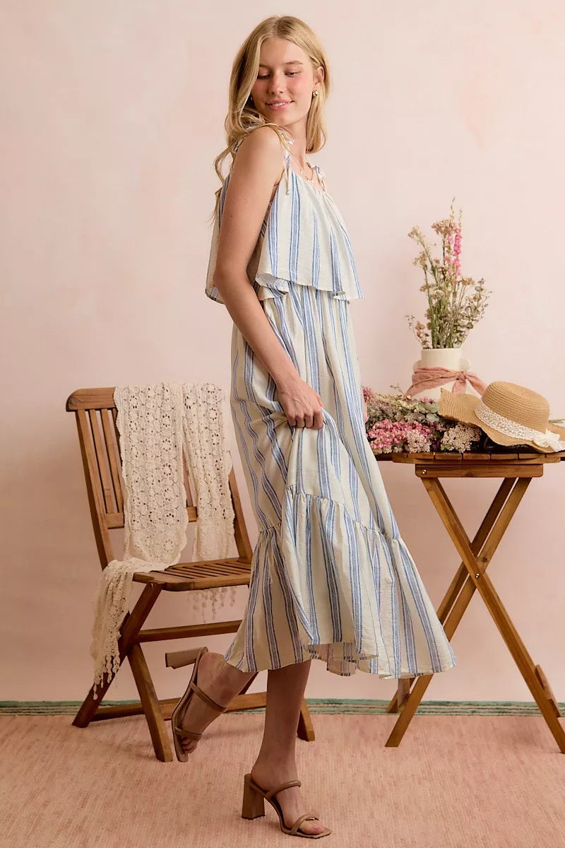So Me Nautical Stripe Tiered Shoulder Tie Midi Dress