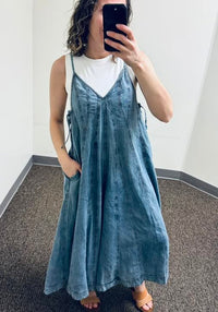 Easel Wide Leg Washed Denim Jumpsuit 