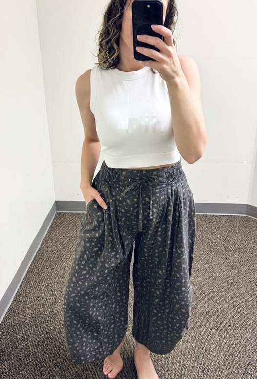 Wishlist Seamless Ribbed Padded Tank Bra Top and Easel Floral Printed Light Twill Mineral Washed Pants