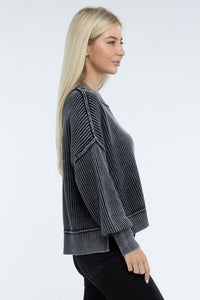 Ribbed Exposed Seam Round Neck Dropped Shoulder Sweater