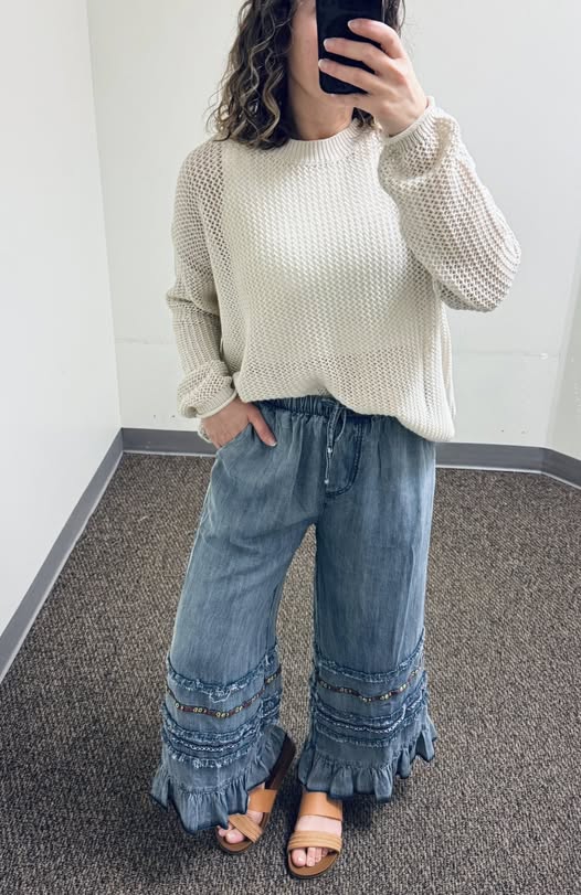 Easel Ruffle Bottom Stone Washed Chambray Pants and Wishlist Crochet Lightweight Knit Sweater