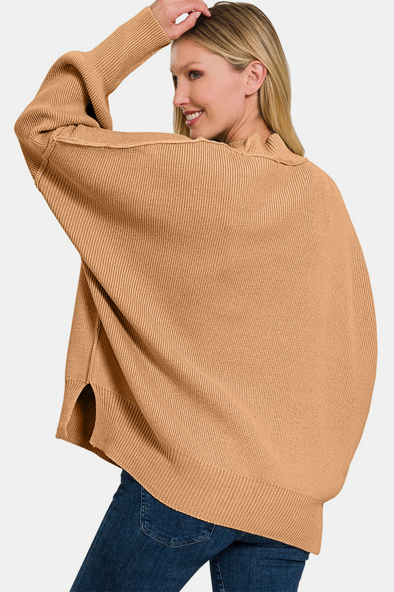 Slouchy Side Slit Oversized Sweater - Dk Brush