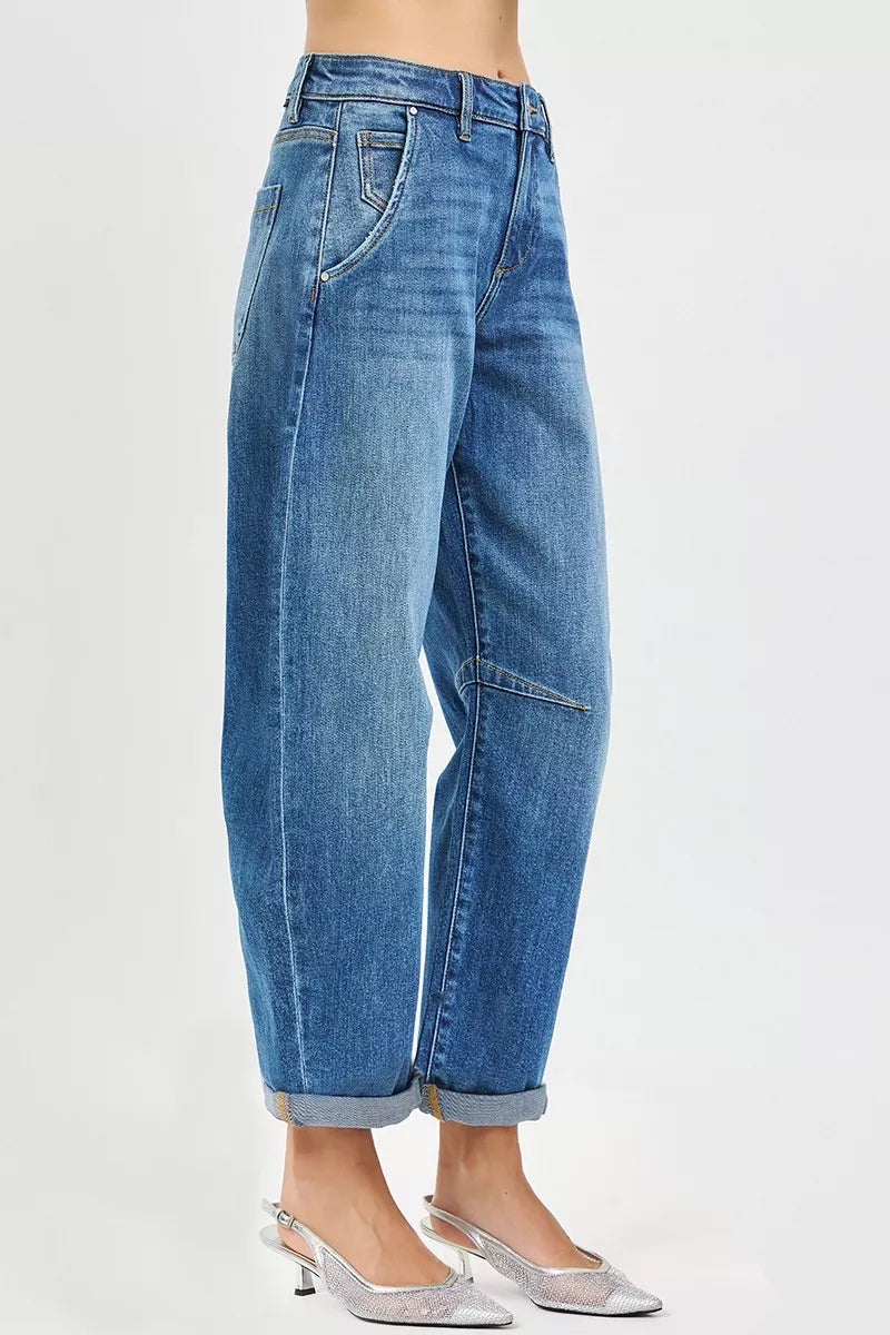 Risen Slouchy Cropped Cuffed Hem Barrel Jeans 