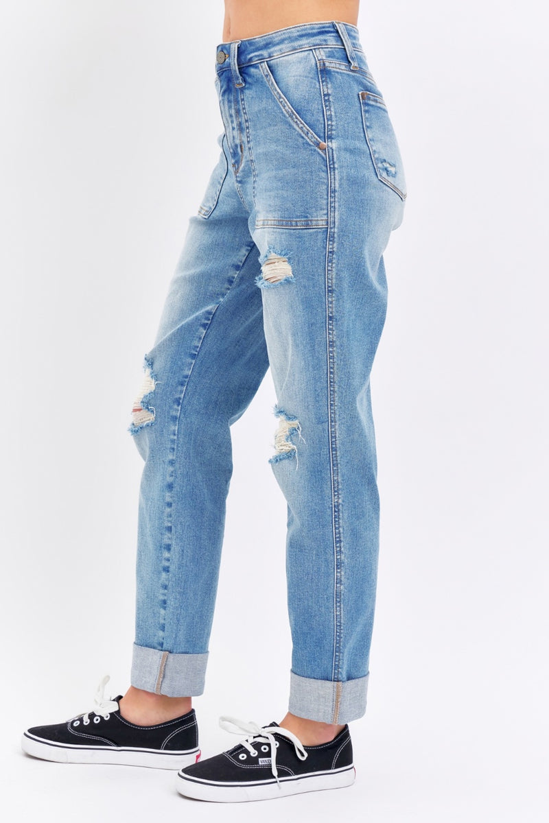 Judy Blue High Rise Patch Pocket Destroyed Boyfriend Jeans