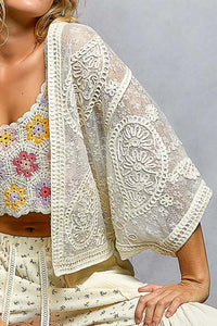 POL Open Front Crochet Cardigan with Floral Embroidery