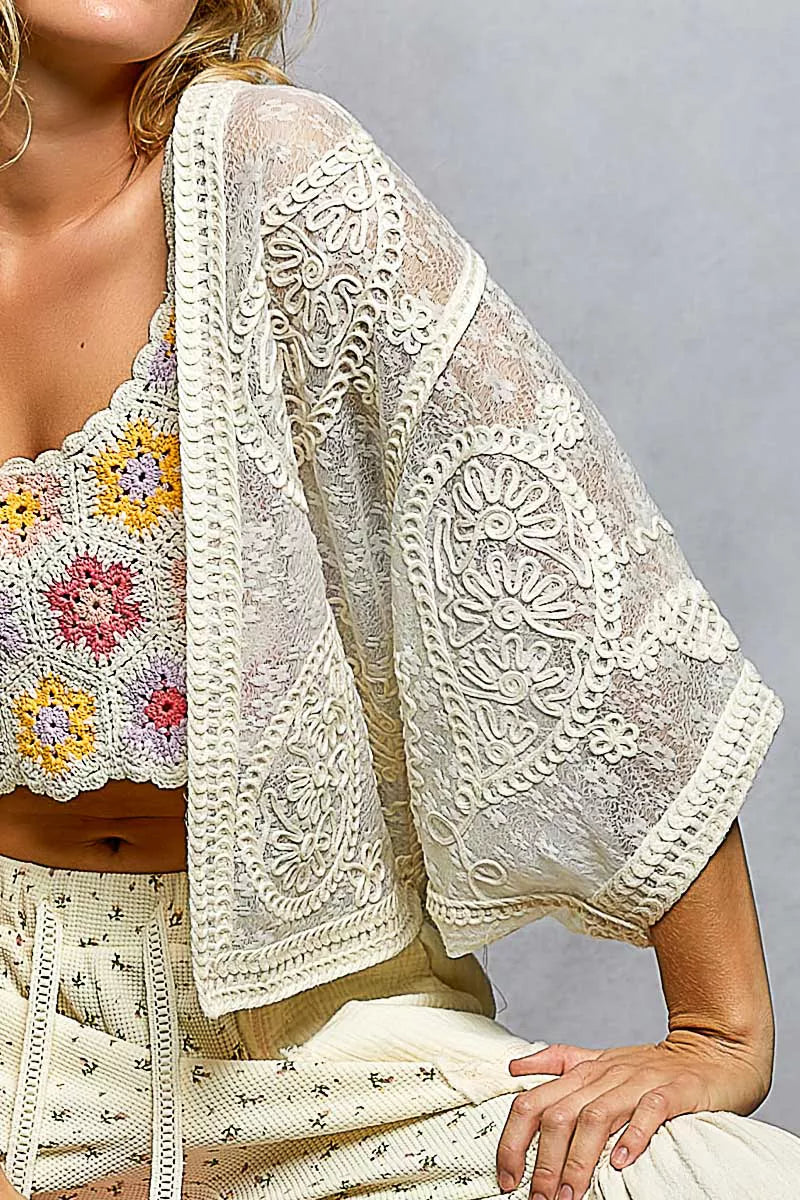 POL Open Front Crochet Cardigan with Floral Embroidery
