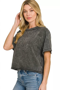 Zenana Acid Washed Round Neck Crop Tee in Ash Black