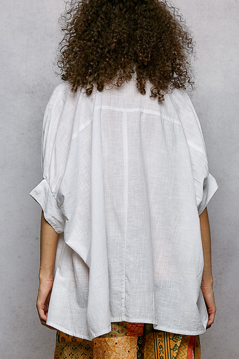 Off White Cotton Button Down Half Dolman Sleeve Shirt
