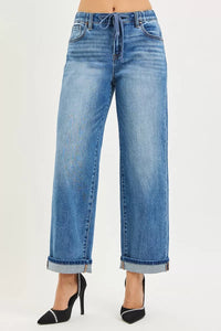Risen Mid Rise Slouchy Drawstring Waist Boyfriend Jeans