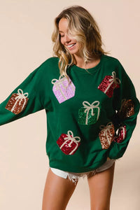 Sequin Christmas Presents Embroidered Pullover