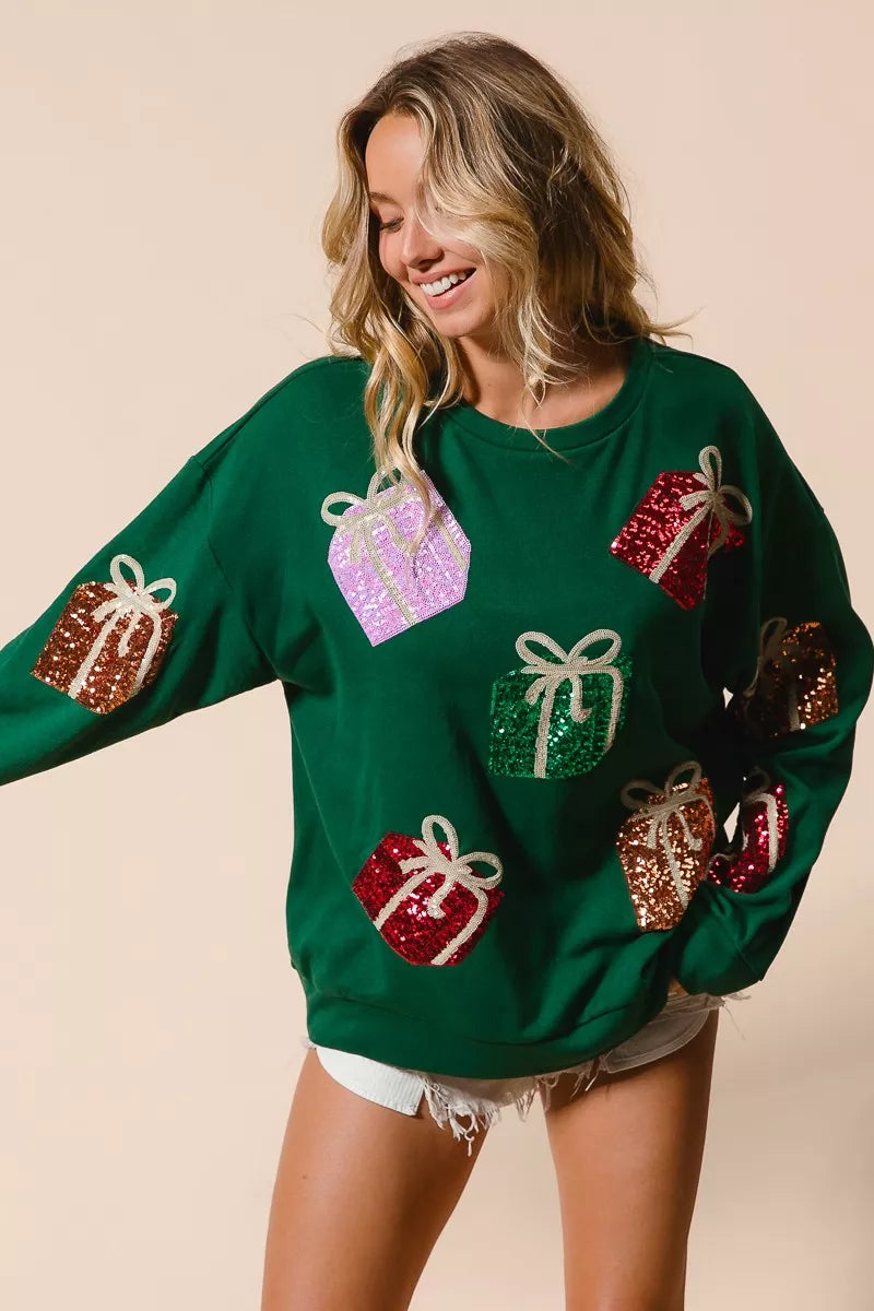 Sequin Christmas Presents Embroidered Pullover