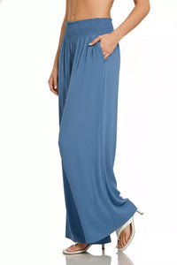 Smocked Waistband Wide Leg Pants in Denim Blue