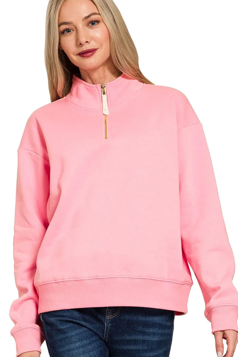 Zenana Quarter Zip Fleece Sweatshirt in Dark Pink