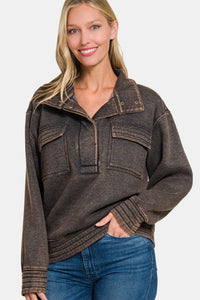Zenana Acid Washed Half Snap Fleece Sweatshirt in Ash Black