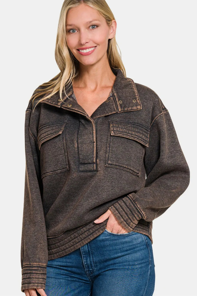 Zenana Acid Washed Half Snap Fleece Sweatshirt in Ash Black
