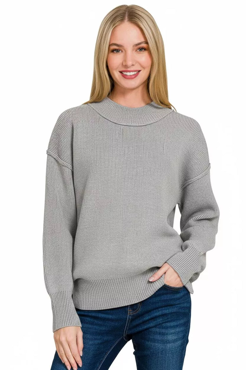 Grey Wide Neck Banded Drop Shoulder Sweater