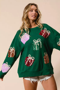 Sequin Christmas Presents Embroidered Pullover