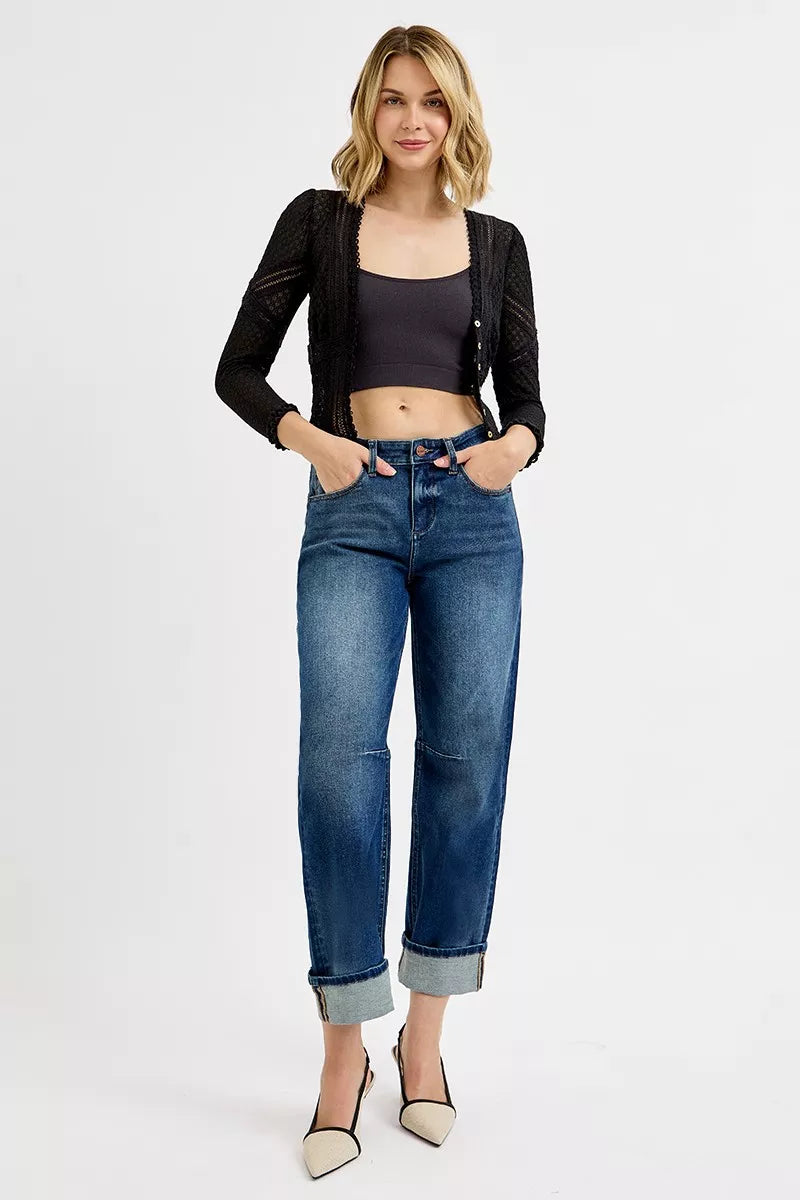Risen Mid Rise Slouchy Crop Barrel Cuffed Jeans