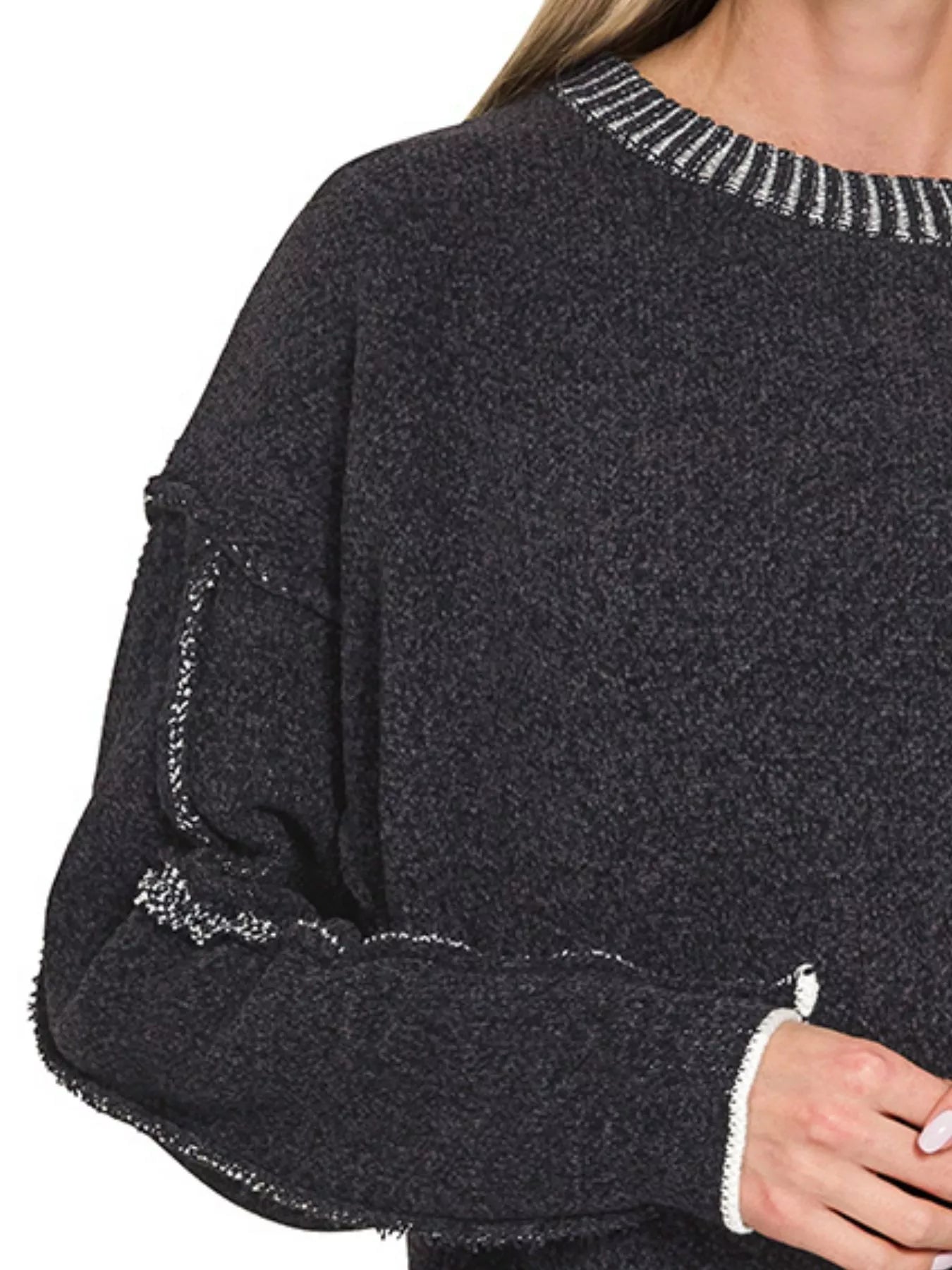 Oversized Round Neck Raw Exposed Seam Chenille Sweater in Black