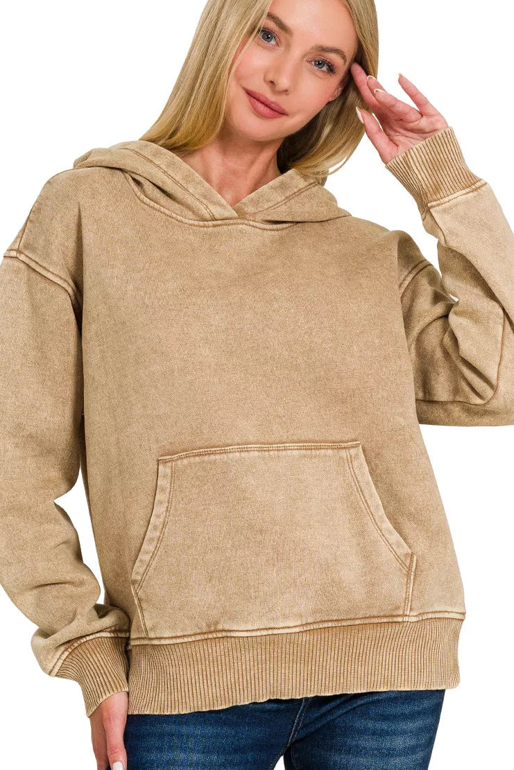 Fleece Mineral Wash Basic Hoodie in Deep Camel
