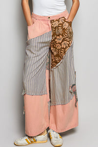 POL Striped Floral Patchwork Wide Leg Pants