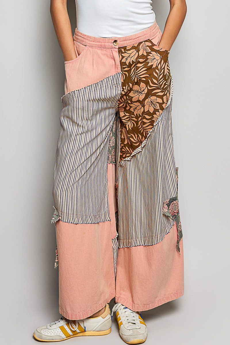 POL Striped Floral Patchwork Wide Leg Pants