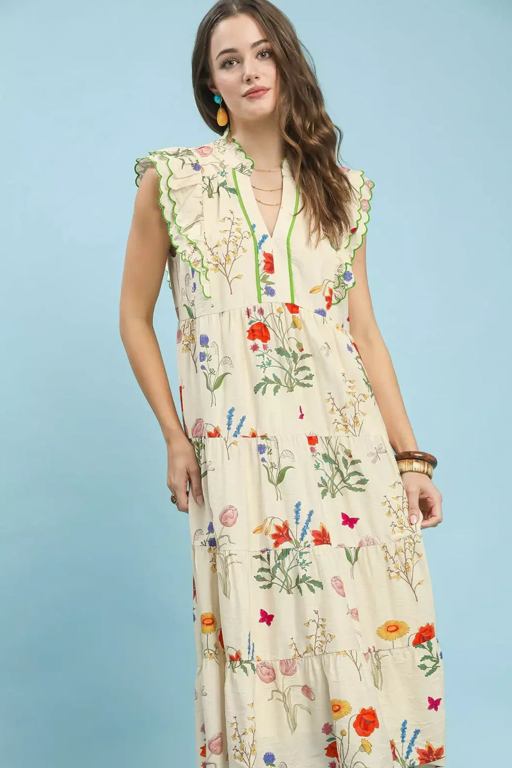 Floral Scalloped Detail Ruffle Tiered Midi Dress