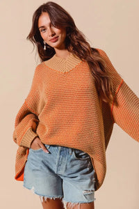So Me Oversized Two Tone Textured V-Neck Sweater