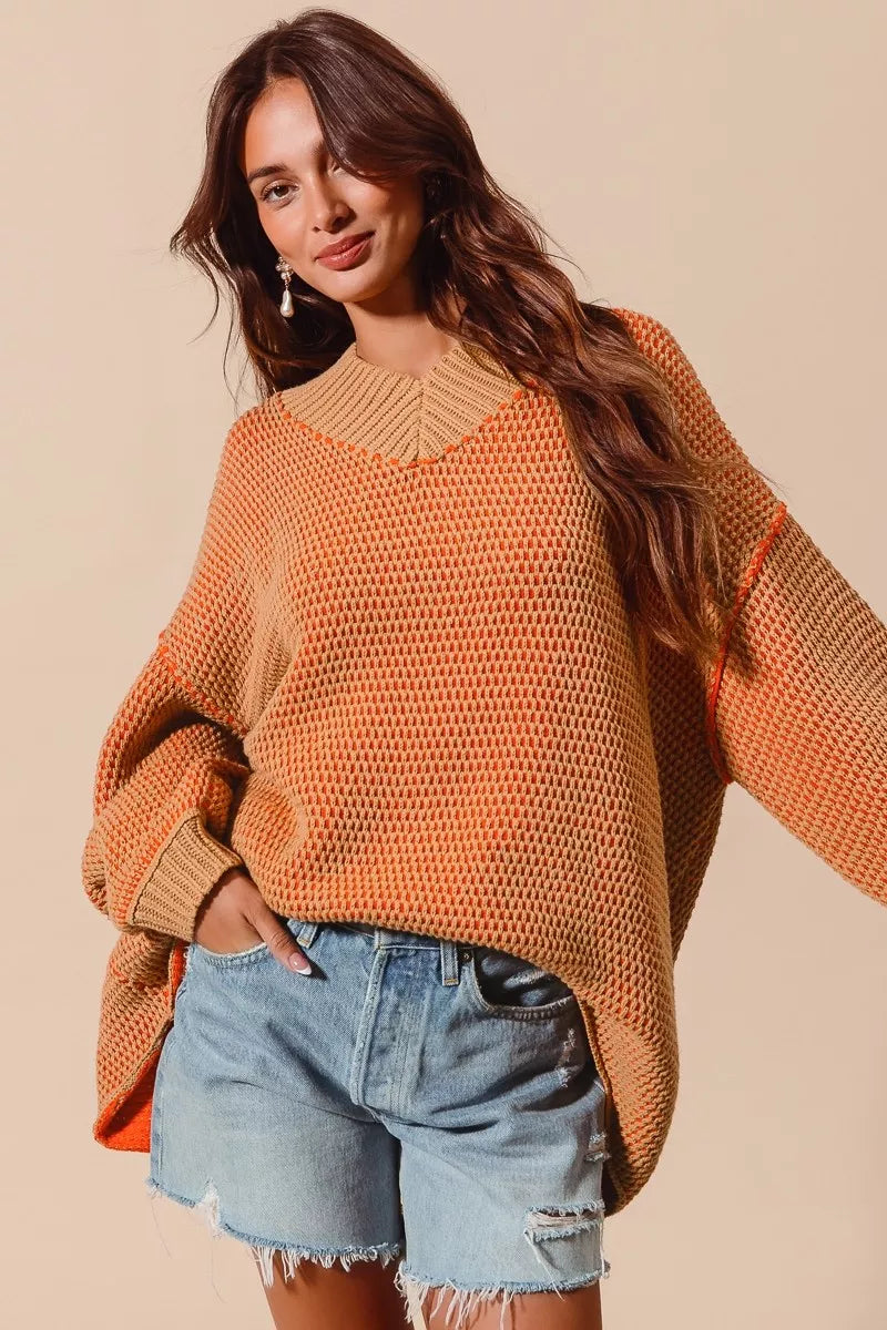 So Me Oversized Two Tone Textured V-Neck Sweater
