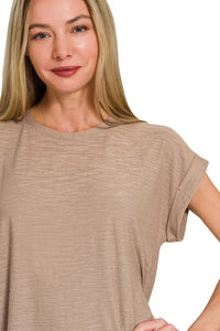 Zenana Slub Knit Cuffed Sleeve Tee in Ash Mocha