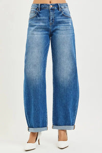 Risen Mid Rise Barrel Double Roll Up Jeans