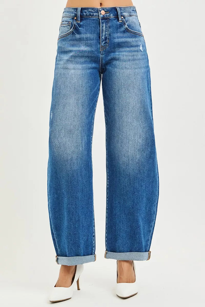 Risen Mid Rise Barrel Double Roll Up Jeans