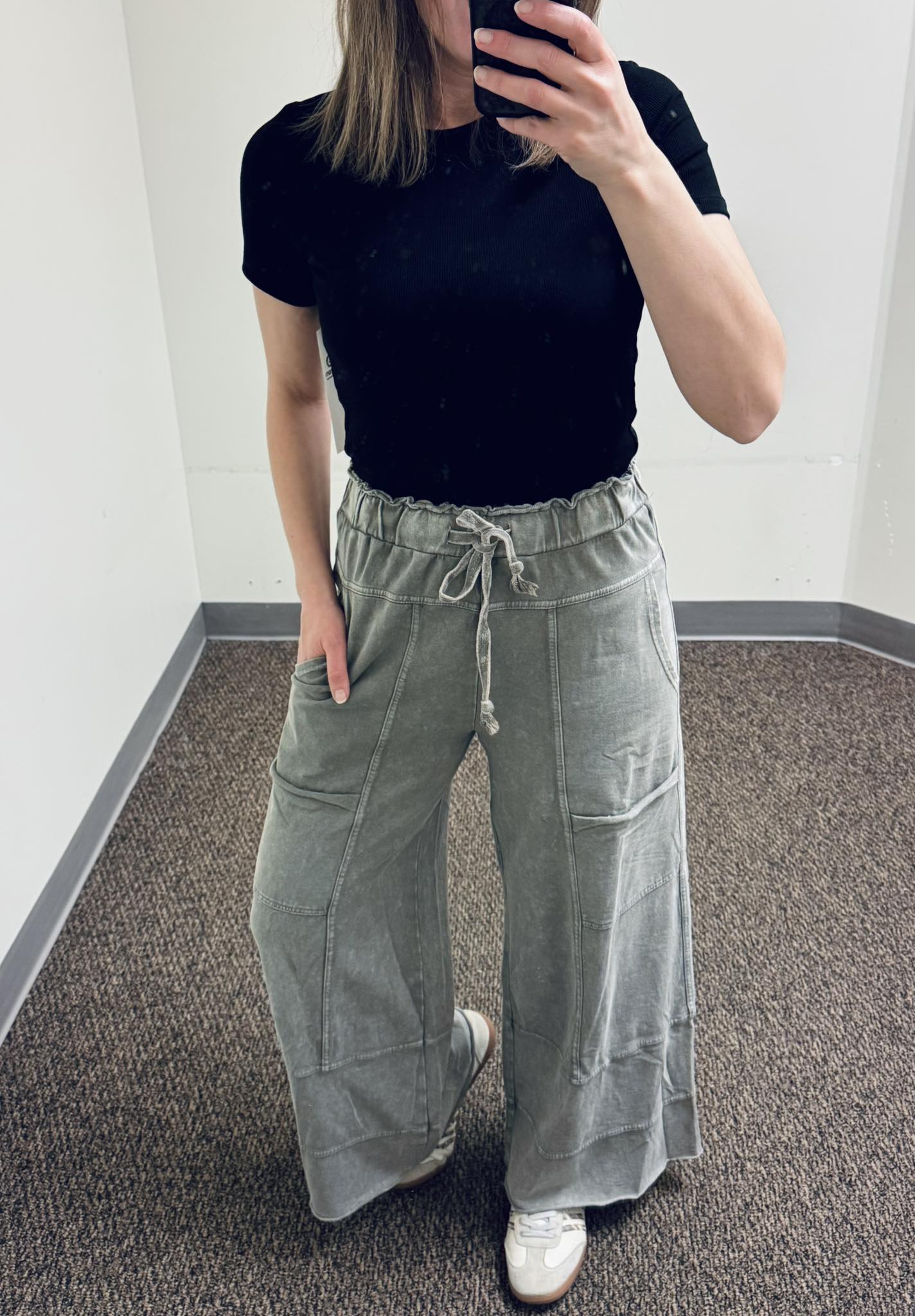 Mineral Washed Wide Leg Terry Knit Pants in Ash