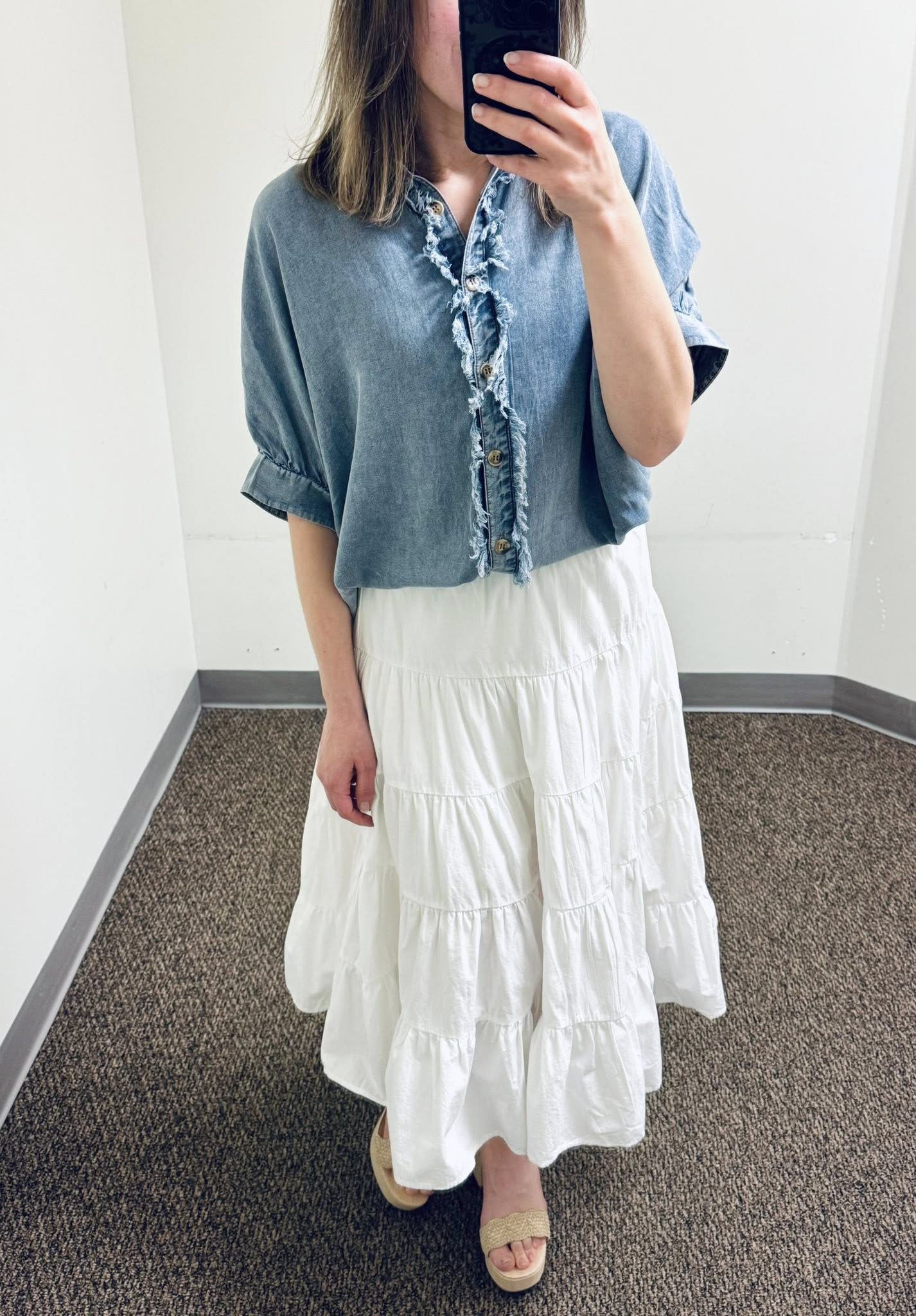 Frayed Trim Denim Button Down Top and For A Moment Tiered White Midi Skirt